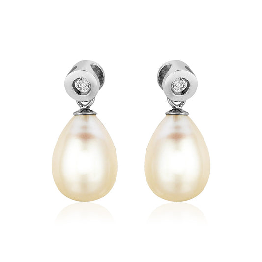 Sterling Silver Earrings with Pear Shaped Freshwater Pearls and Cubic Zirconias